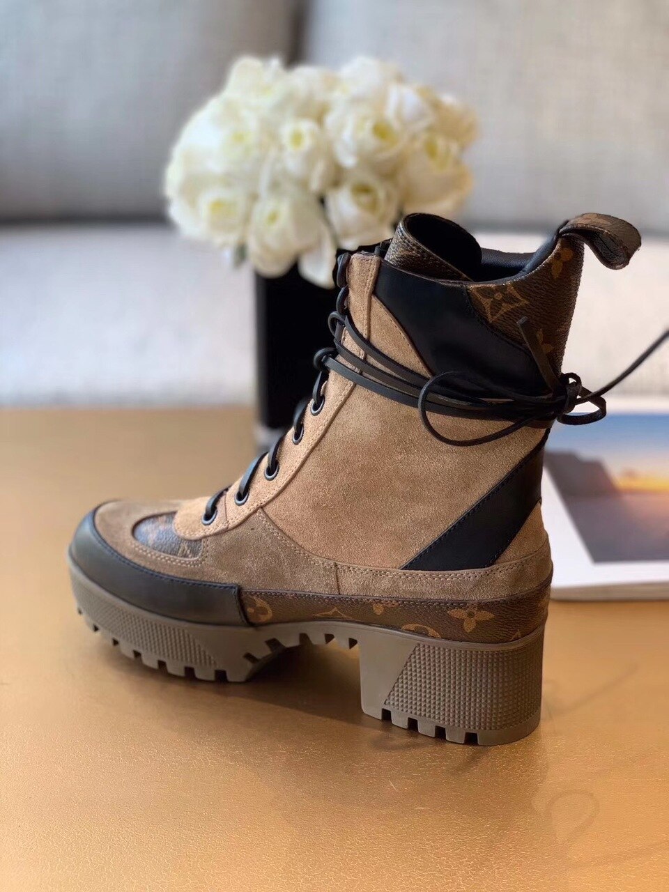 Louis Vuitton Laureate Desert Boot Patent Monogram Material Brown For Women LV 1A4XYE - Soul Replicas