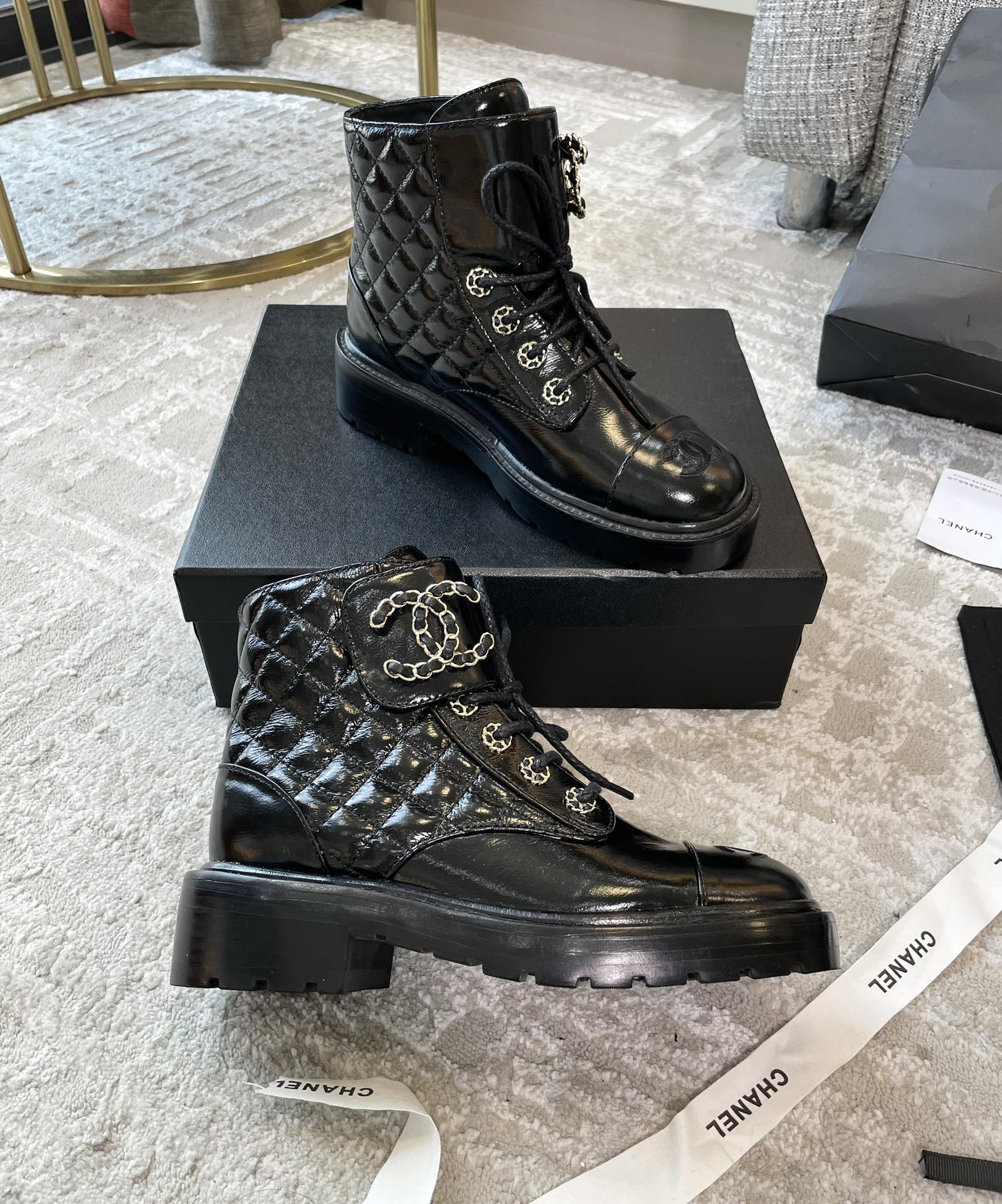 Chanel Women's Lace- Ups Bright Black For Women 1.5in/ 4cm - Soul Replicas