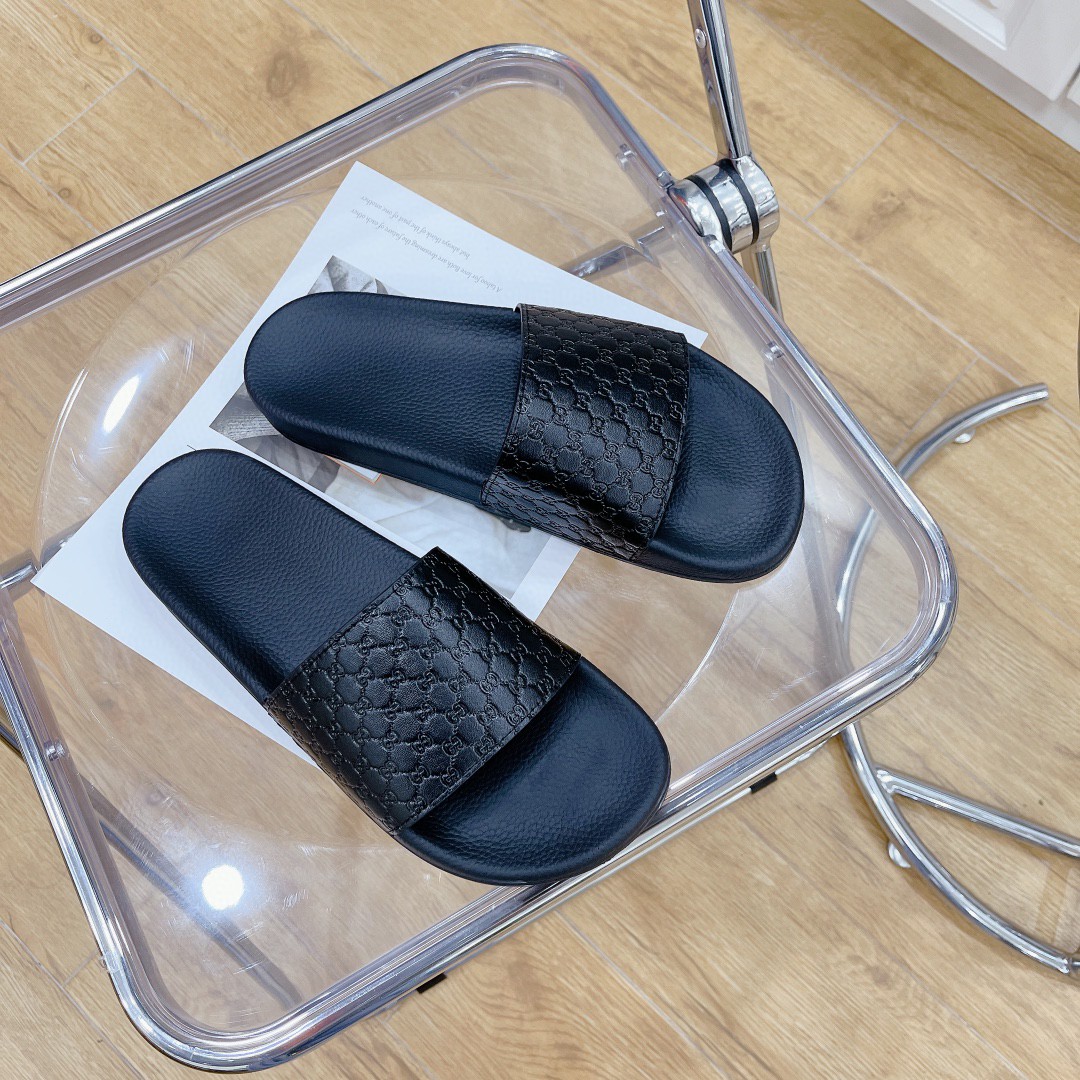 Gucci Women's Embossed Gucci Slide Sandal Black For Women 407345 - Soul Replicas