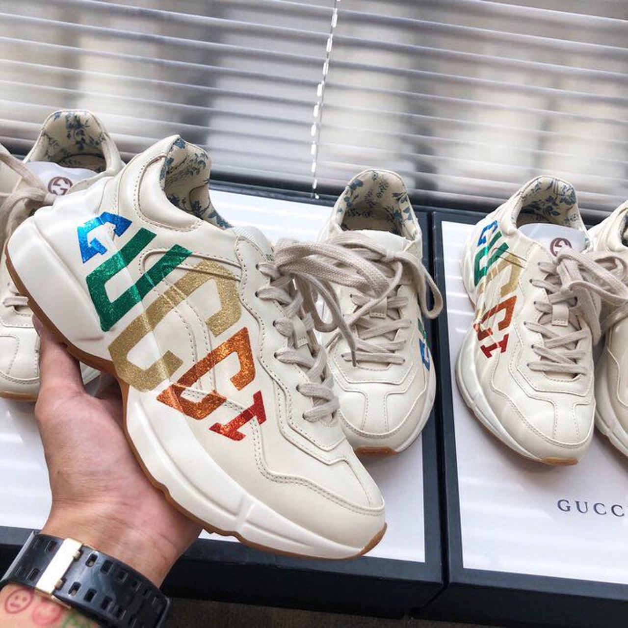 Gucci Women's Rhyton Glitter Gucci Sneaker White For Women Gucci 524990 DRW00 9022 - Soul Replicas