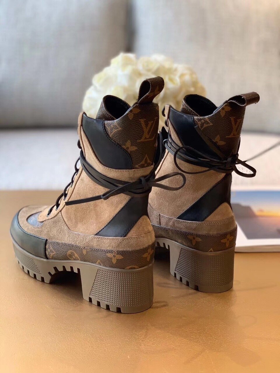 Louis Vuitton Laureate Desert Boot Patent Monogram Material Brown For Women LV 1A4XYE - Soul Replicas