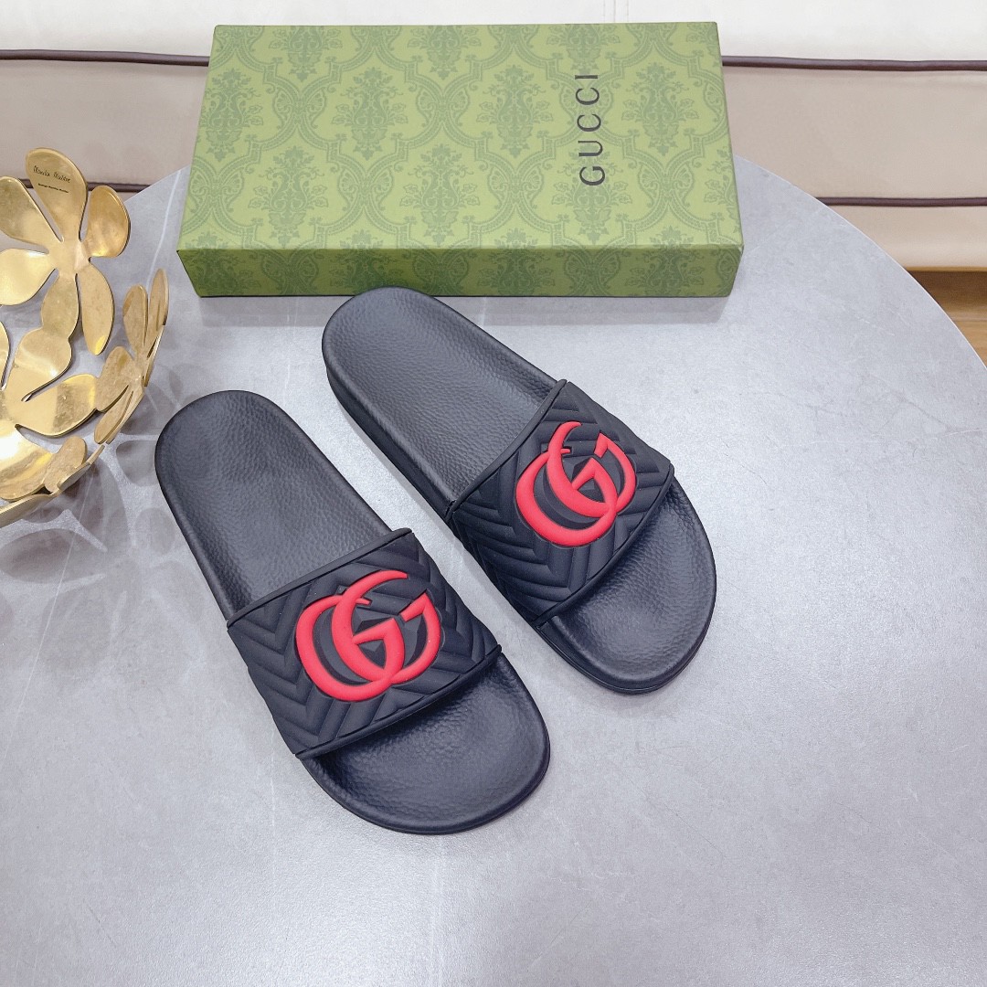 Gucci Women's Quilted Gucci Rubber Slide Black And Red For Women 601041 - Soul Replicas