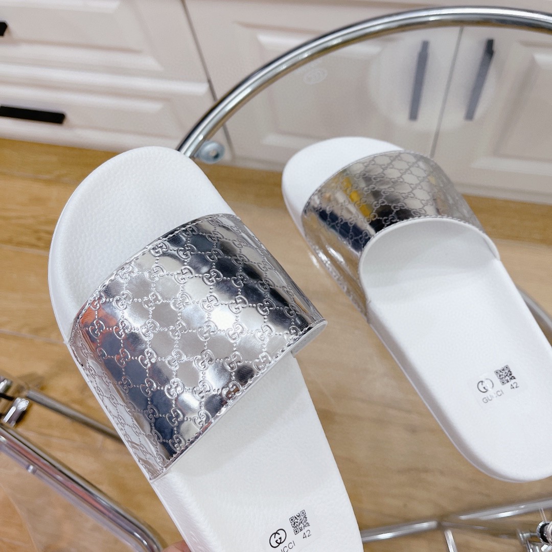 Gucci Women's Gucci Slide Sandal White Silver For Women 407345 - Soul Replicas