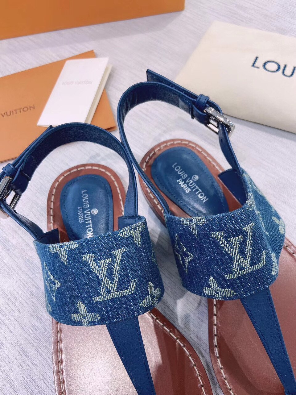 Louis Vuitton Starboard Flat Thong Sandal Monogram Denim Blue For Women LV 1A7RDP - Soul Replicas