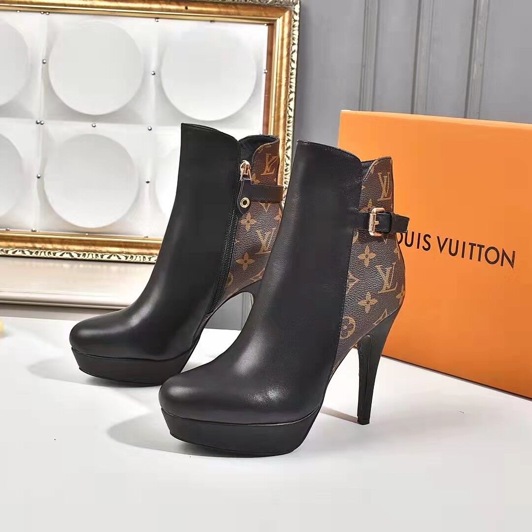 Louis Vuitton Afterglow Platform Ankle Boot Patent Monogram Material Black For Women LV 1A9SEE - Soul Replicas
