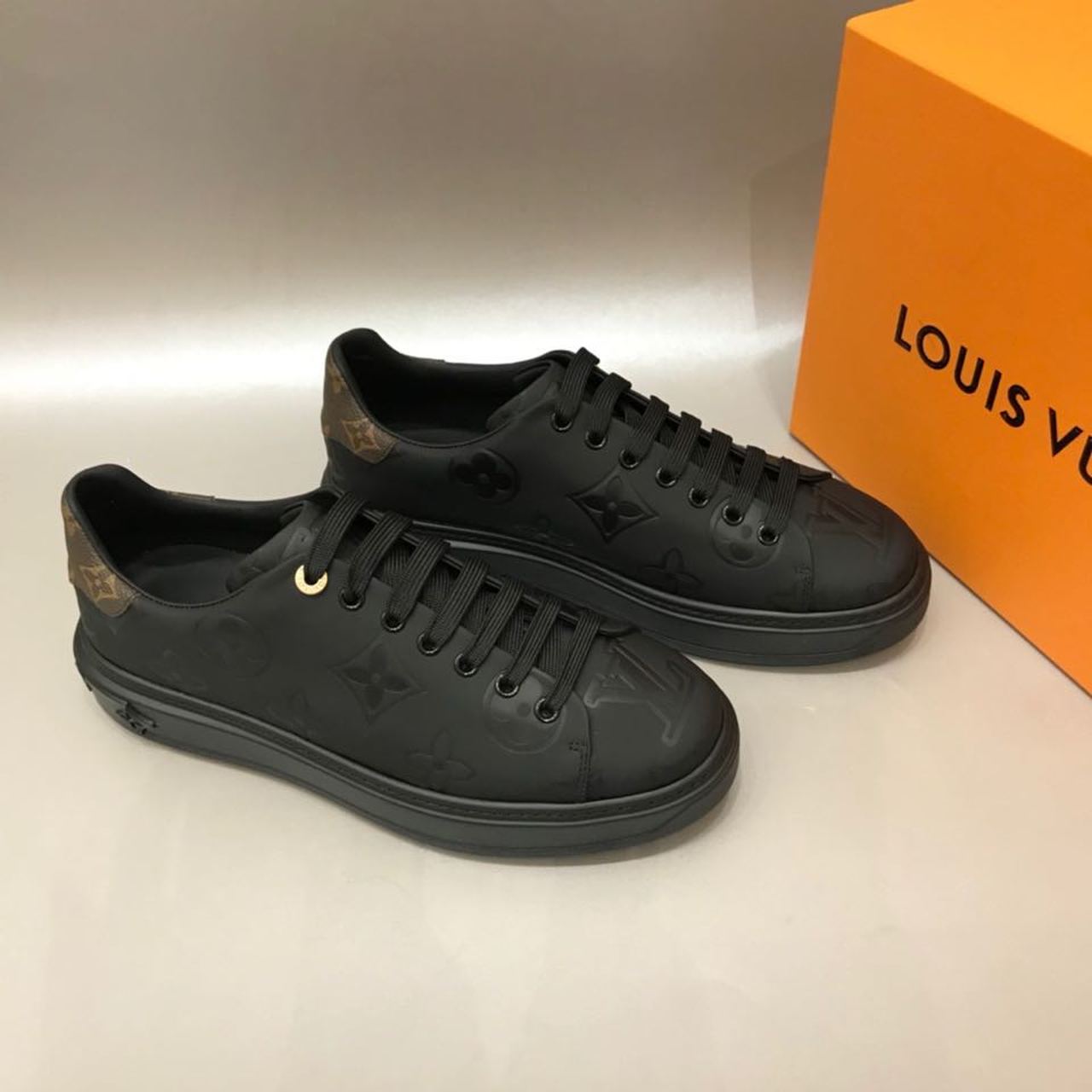 Louis Vuitton Time Out Sneaker Patent Monogram Material Black For Women LV - Soul Replicas