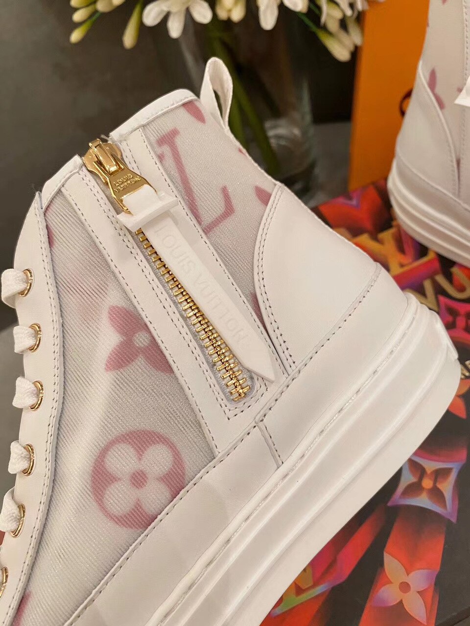 Louis Vuitton Stellar Sneaker Boot Monogram Denim Pink/White For Women LV - Soul Replicas