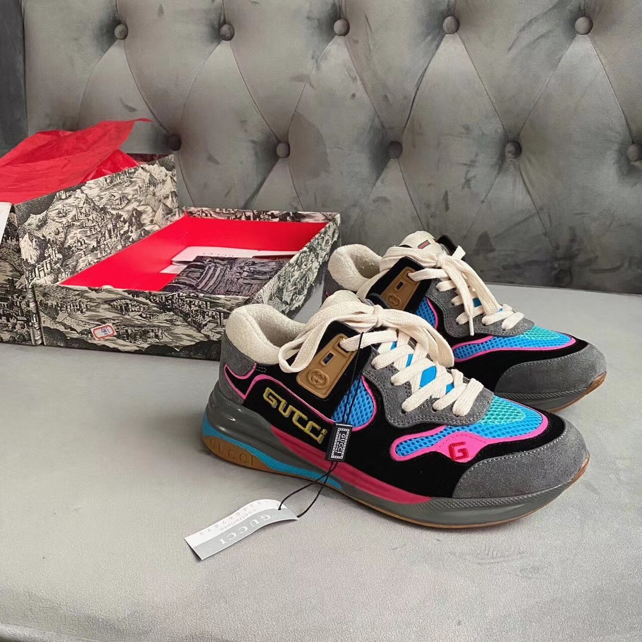 Gucci Ultrapace Sneakers ?592348 Calfskin Leather Spring/Summer 2020 Collection. Gray/Blue/Pink - Soul Replicas