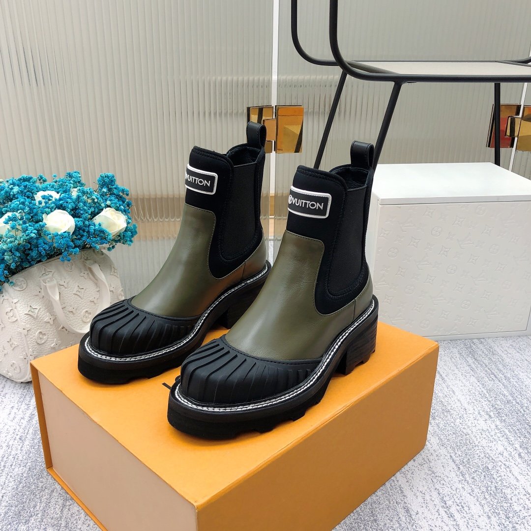 Louis Vuitton LV Beaubourg Ankle Boot Neoprene Khaki Green For Women LV 1A9GYT - Soul Replicas