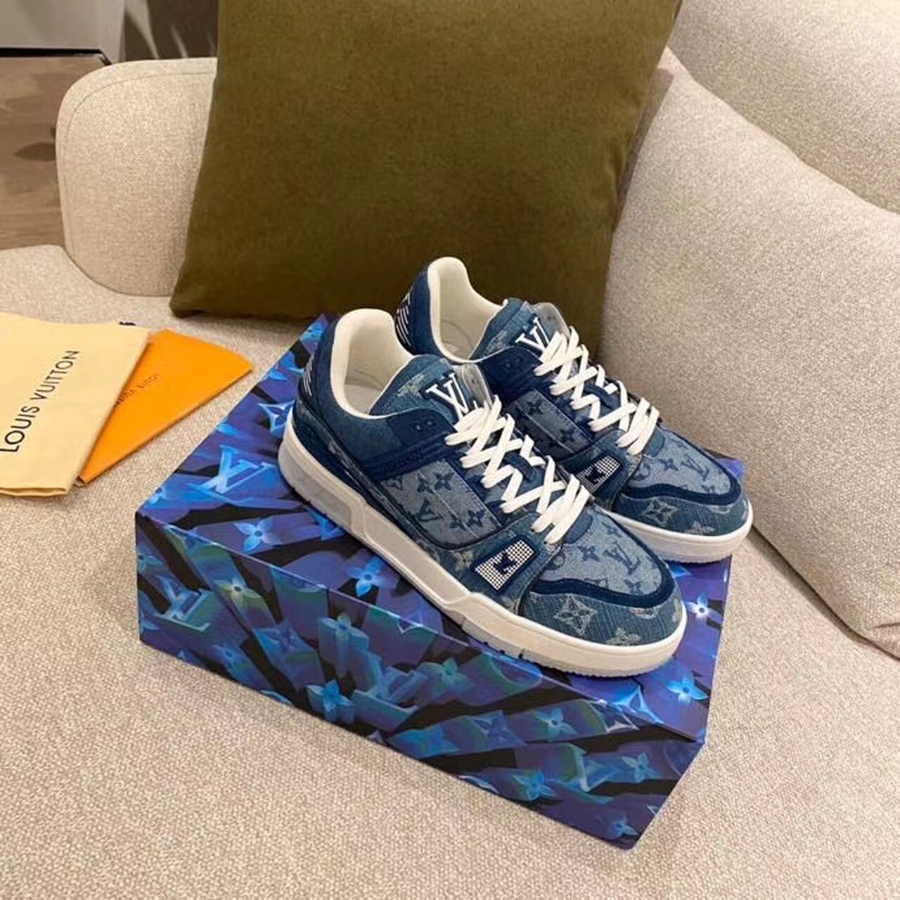 Louis Vuitton Trainer Sneaker Monogram Canvas Blue Virgil Abloh For Women LV - Soul Replicas