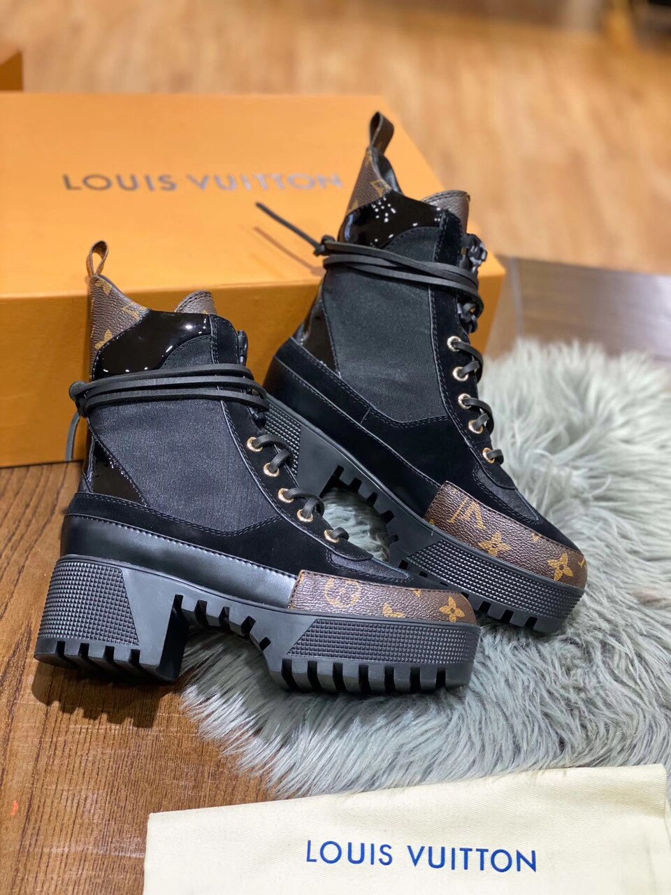 Louis Vuitton Laureate Desert Boot Patent Monogram Material Black For Women LV 1A4XY1 - Soul Replicas