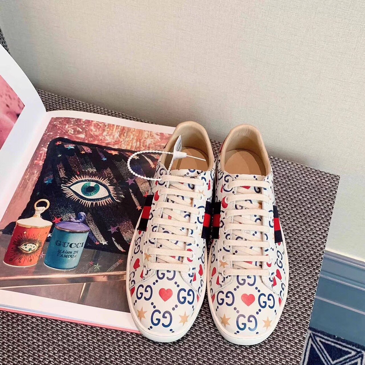 Gucci Women's Ace Gucci Supreme Sneaker By Canvas Fabric White For Women - Soul Replicas