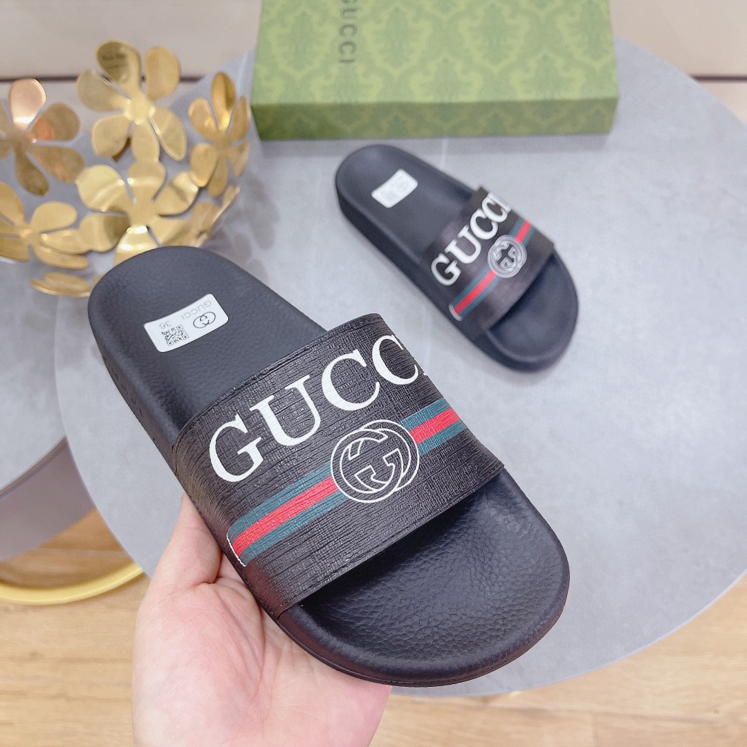 Gucci Women's Logo Rubber Slide With Web Black For Women 522887 - Soul Replicas