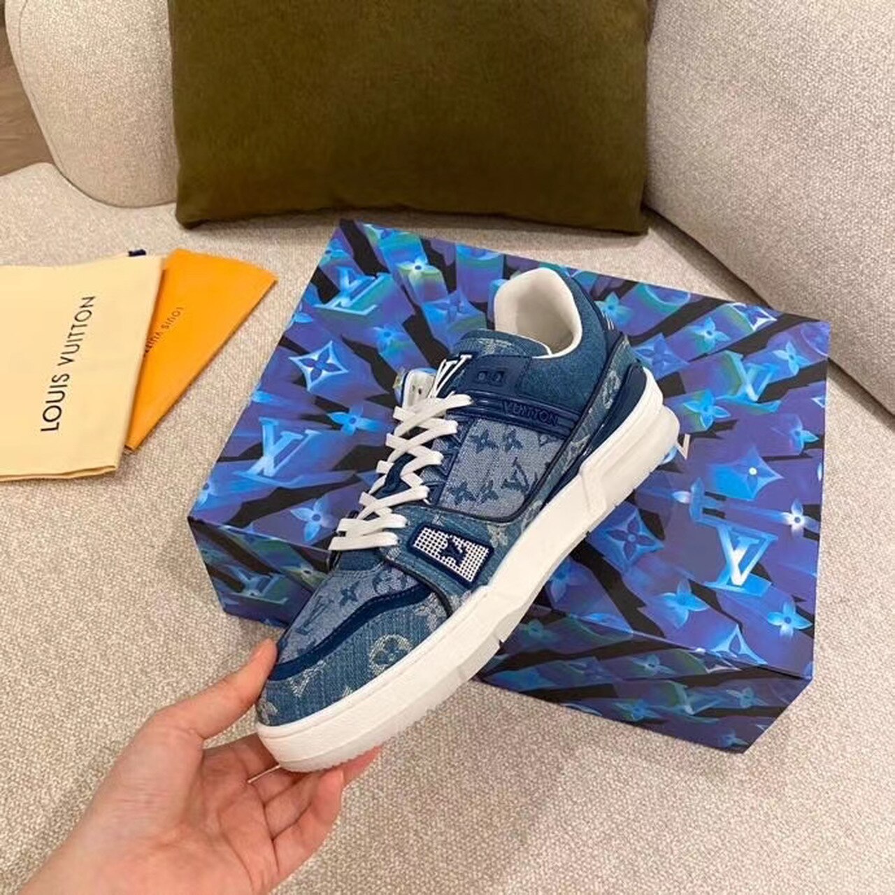 Louis Vuitton Trainer Sneaker Monogram Canvas Blue Virgil Abloh For Women LV - Soul Replicas