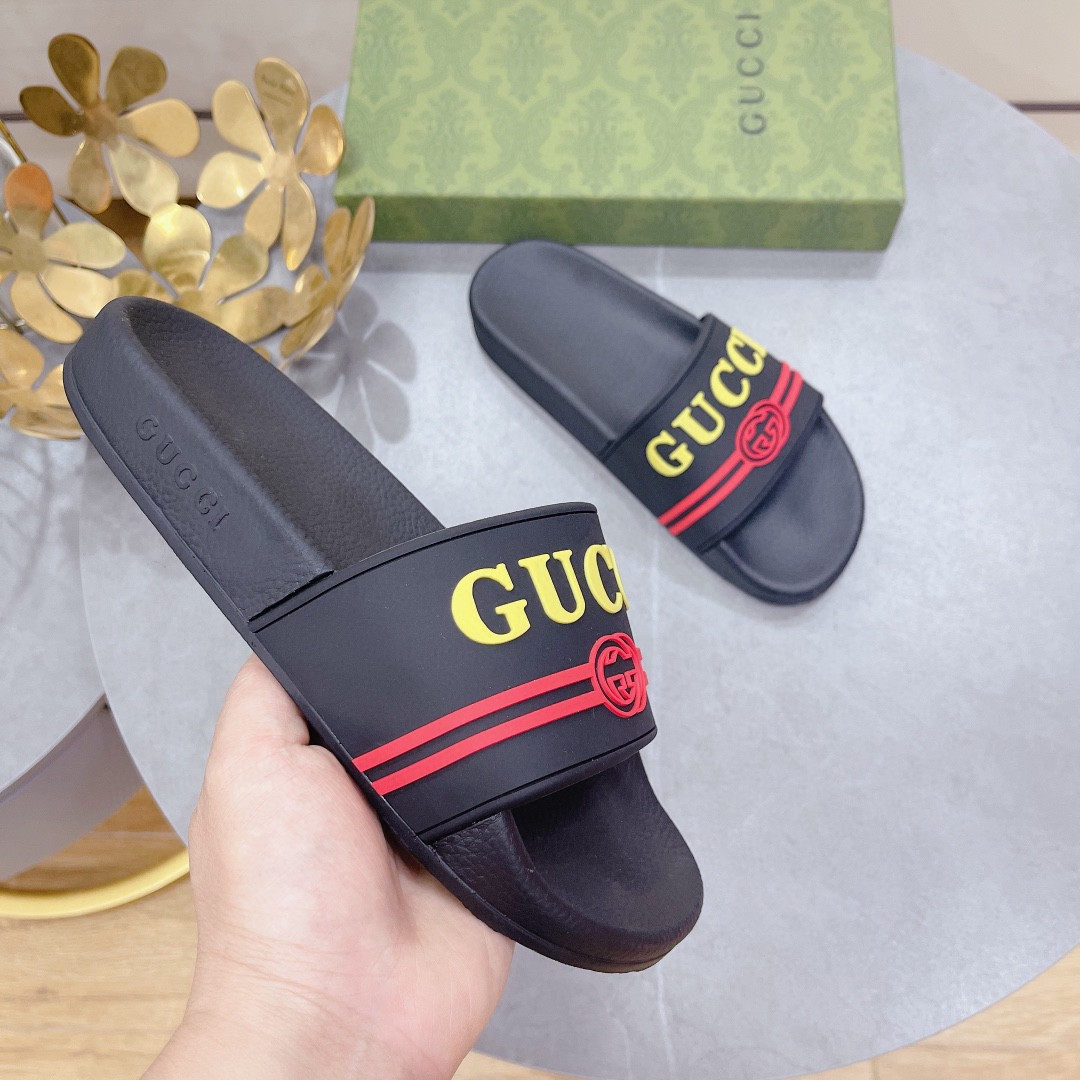 Gucci Women's Logo Rubber Slide Black Red And Yellow For Women 522887 - Soul Replicas