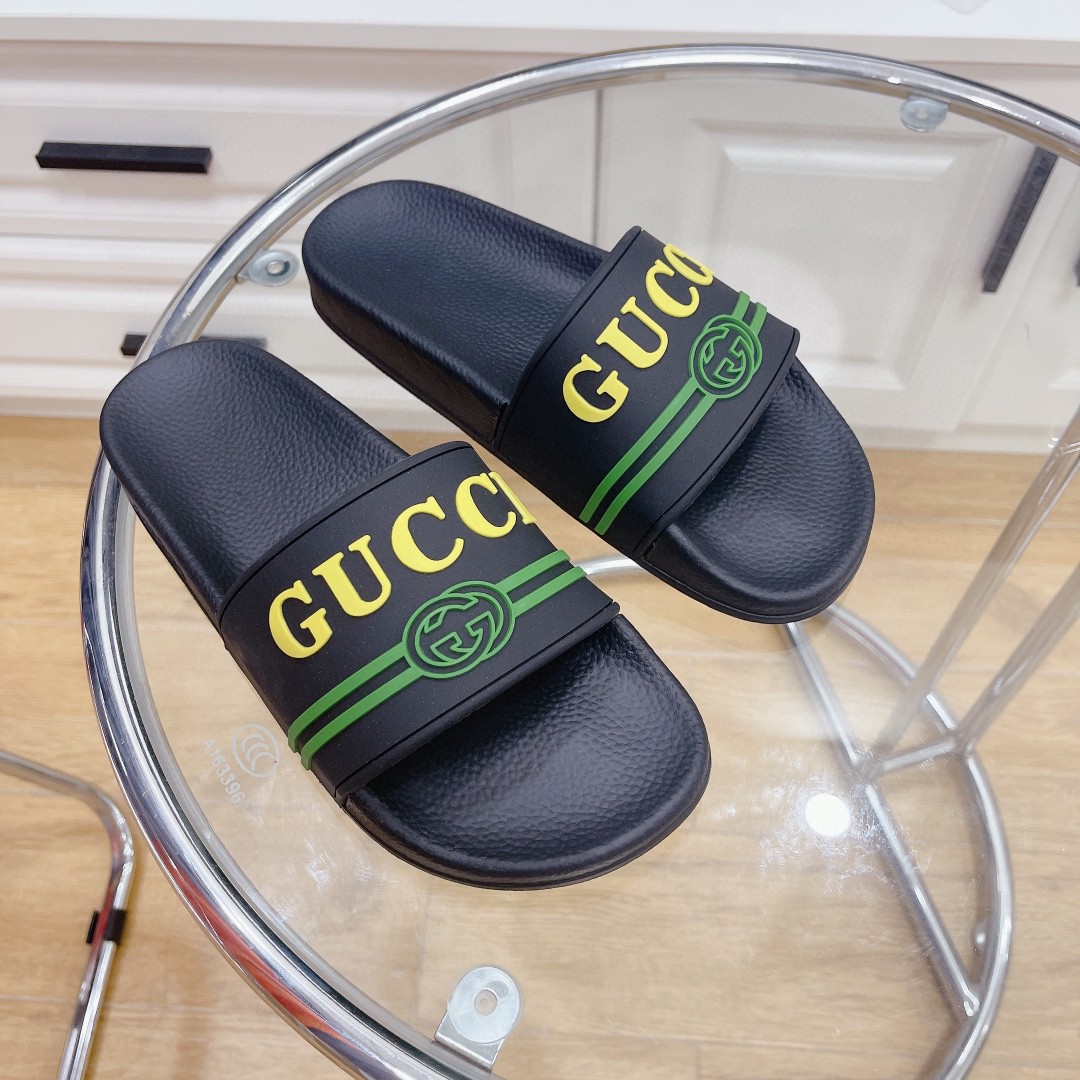 Gucci Women's Logo Rubber Slide Black Green And Yellow For Women 522887 - Soul Replicas