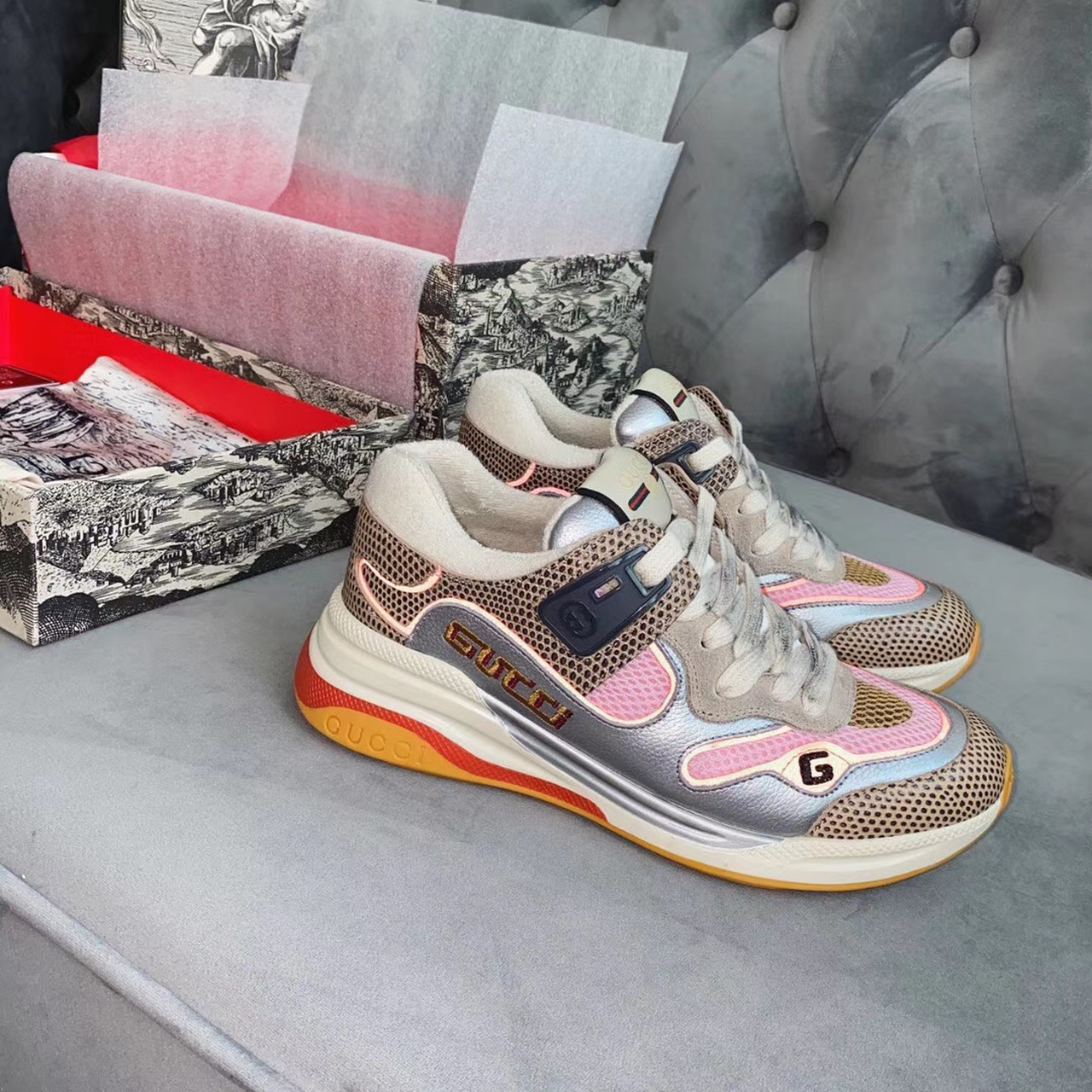 Gucci Ultrapace Sneakers 592348 Calfskin Leather Spring/Summer Collection. Silver/Pink - Soul Replicas
