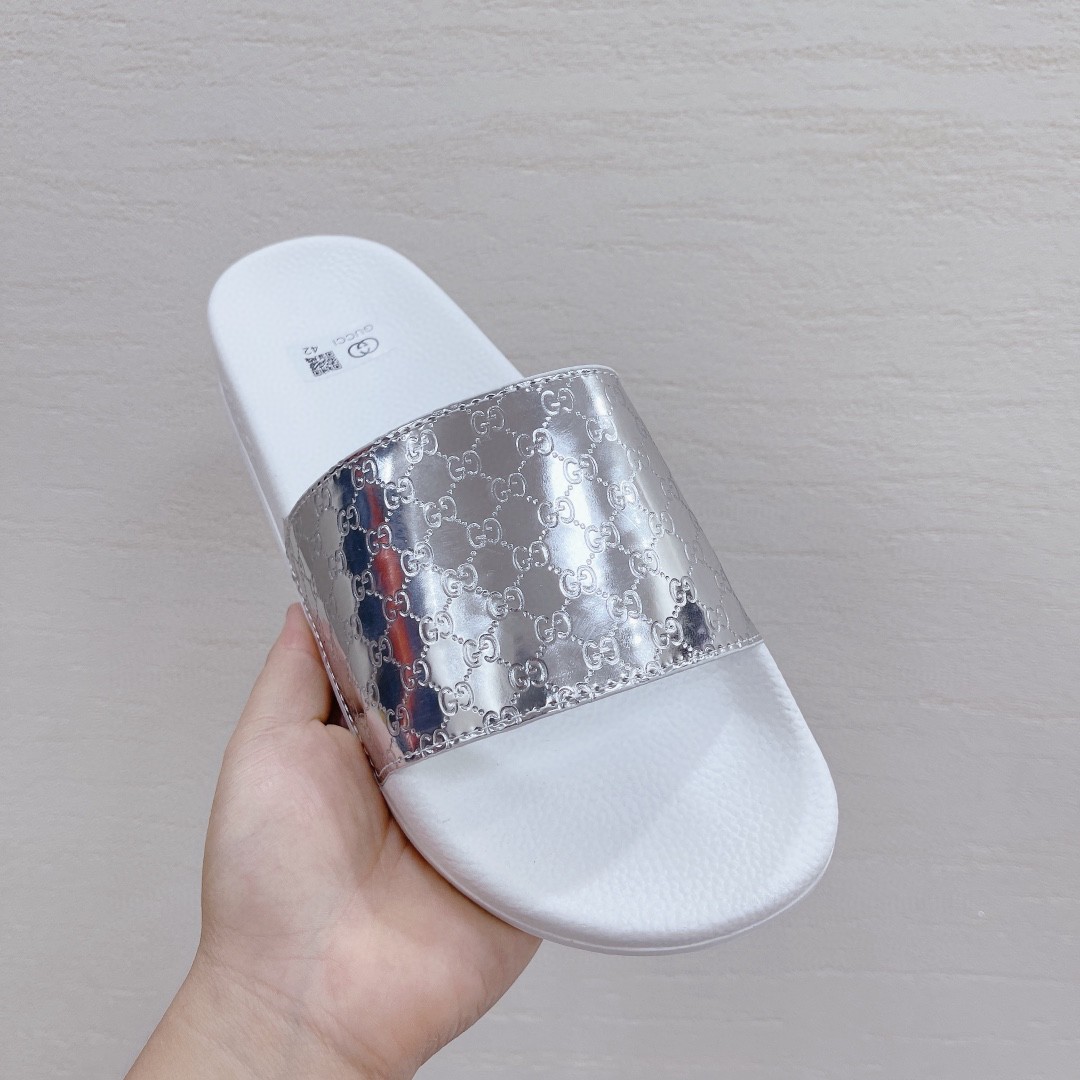 Gucci Women's Gucci Slide Sandal White Silver For Women 407345 - Soul Replicas