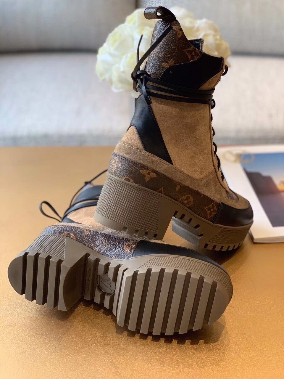 Louis Vuitton Laureate Desert Boot Patent Monogram Material Brown For Women LV 1A4XYE - Soul Replicas