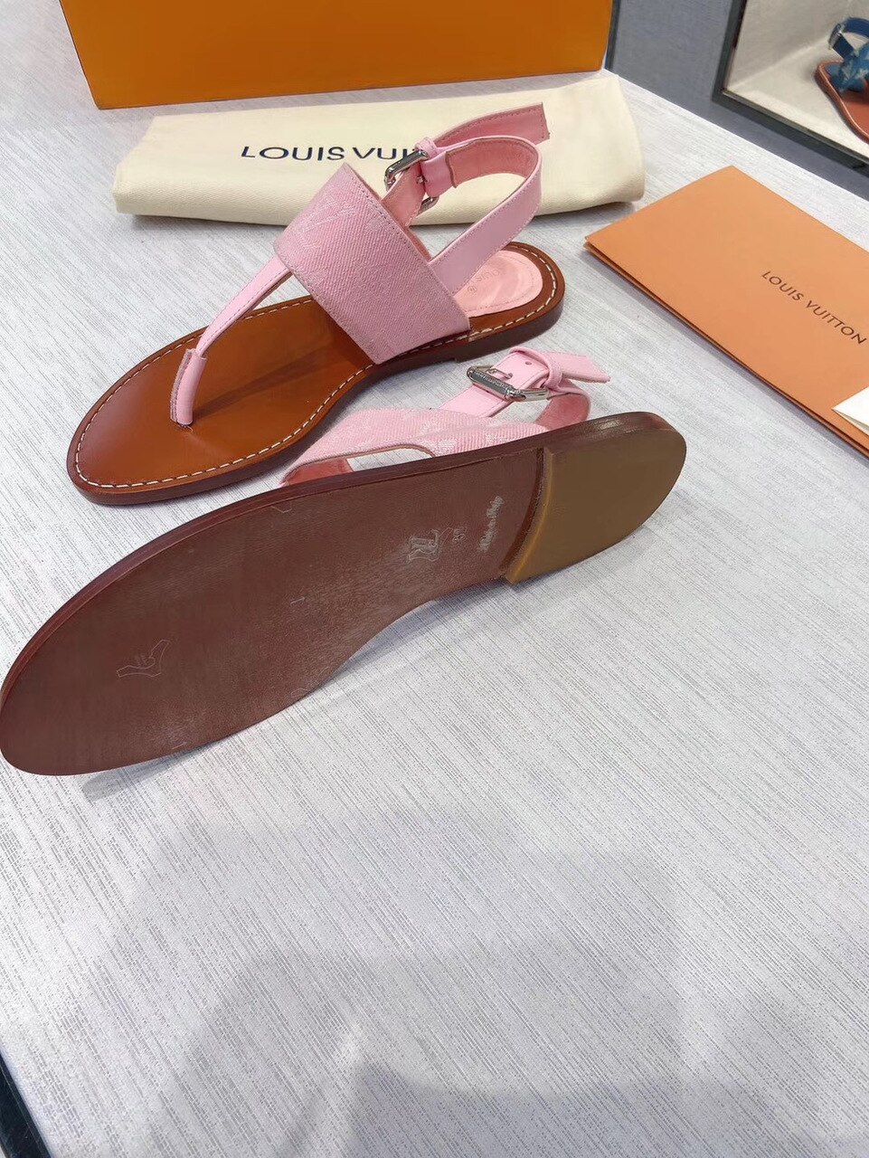 Louis Vuitton Starboard Flat Thong Sandal Monogram Denim Pink For Women LV - Soul Replicas