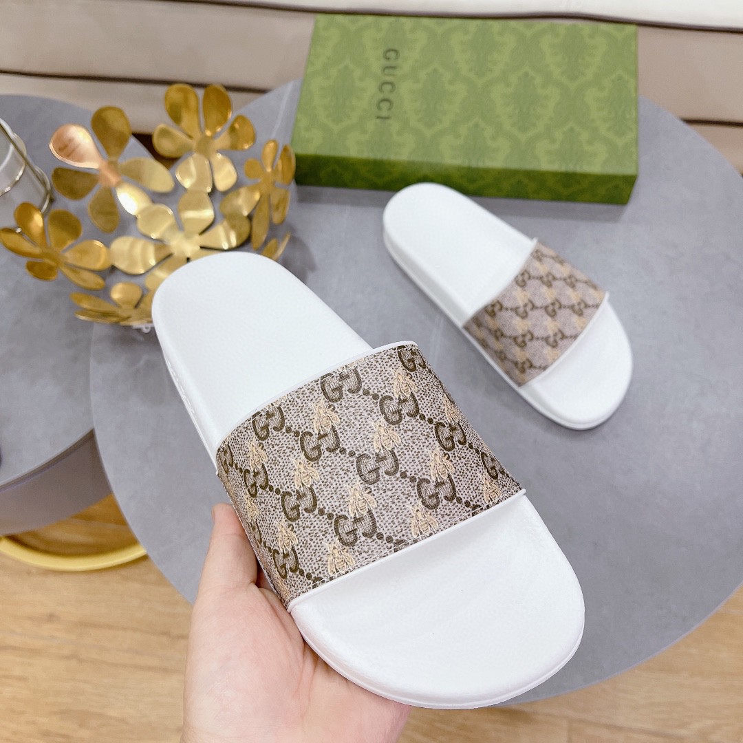 Gucci Women's Gucci Slide Sandal With Bees White And Brown For Women 407345 - Soul Replicas