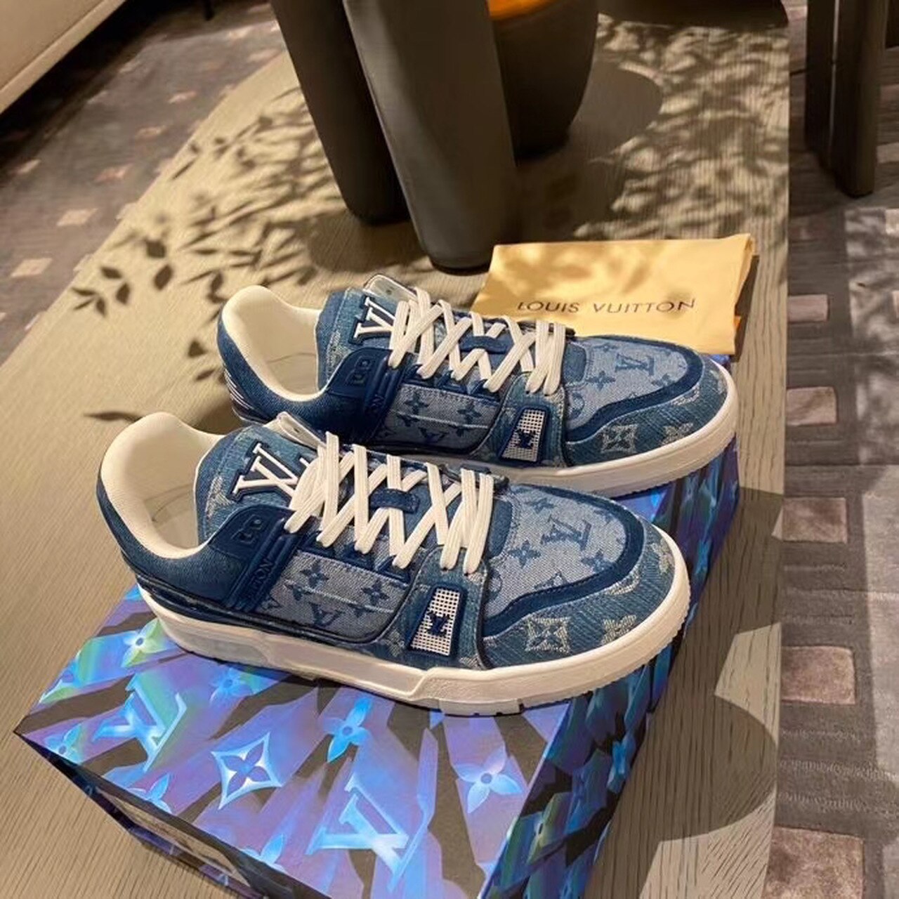 Louis Vuitton Trainer Sneaker Monogram Canvas Blue Virgil Abloh For Women LV - Soul Replicas