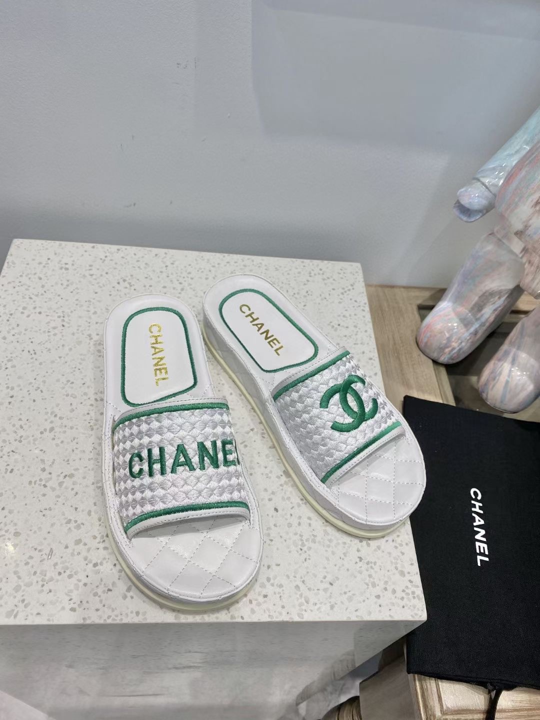 Chanel Women's Mules Green And White For Women - Soul Replicas
