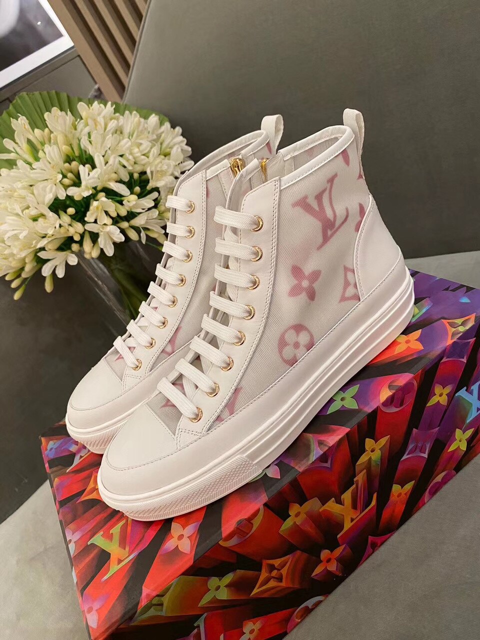 Louis Vuitton Stellar Sneaker Boot Monogram Denim Pink/White For Women LV - Soul Replicas