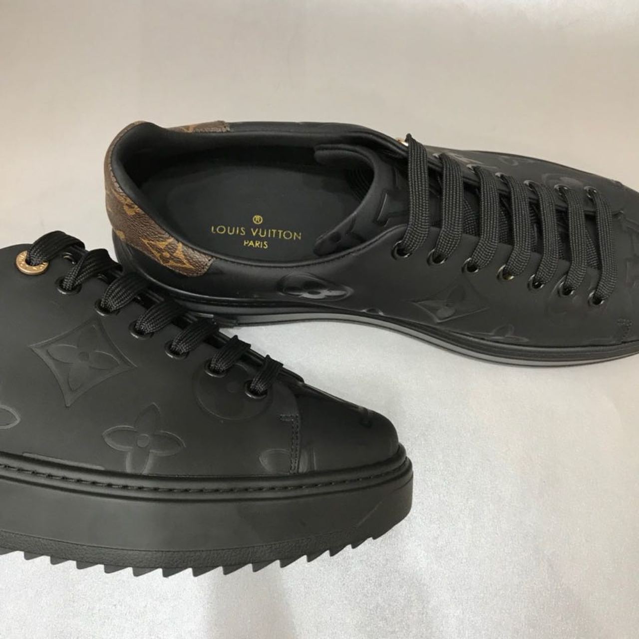 Louis Vuitton Time Out Sneaker Patent Monogram Material Black For Women LV - Soul Replicas
