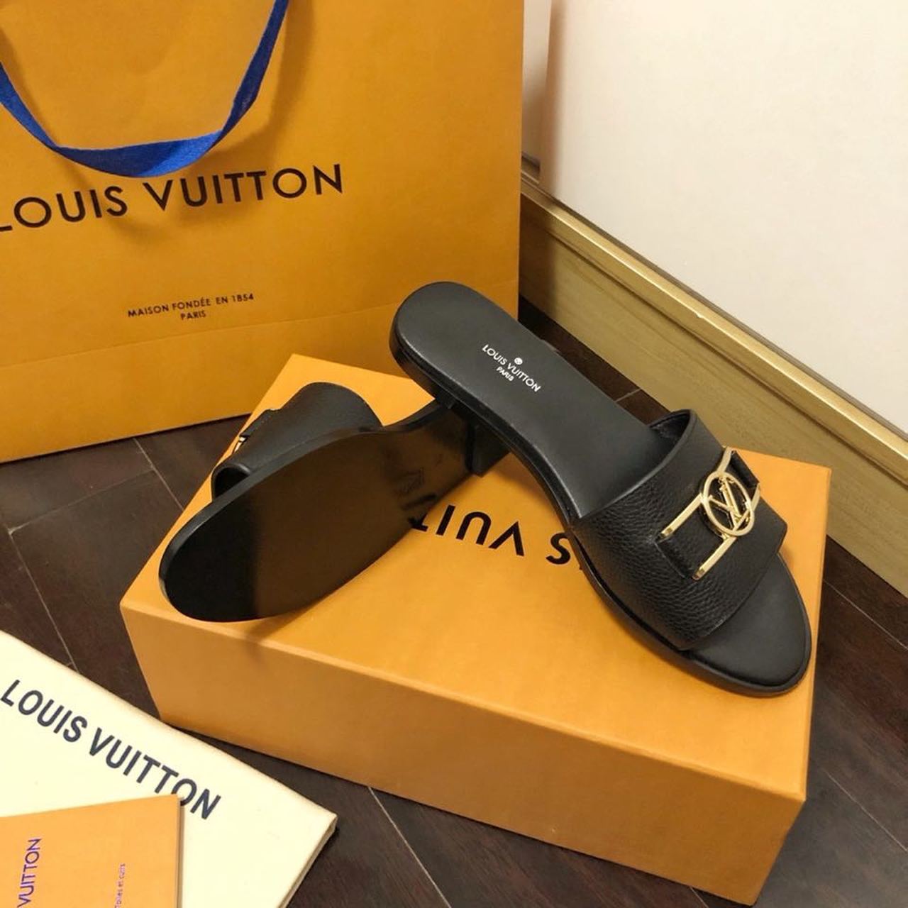 Louis Vuitton Lock It Flat Mule Black For Women LV 1A64YT - Soul Replicas