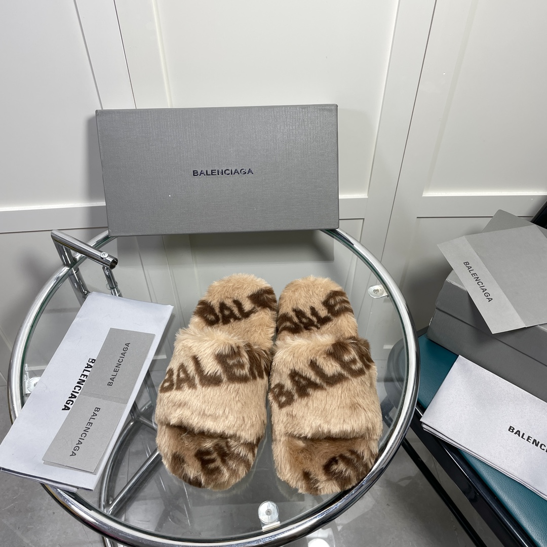 Balenciaga Furry Slide Sandal Allover Logo Beige For Women - Soul Replicas