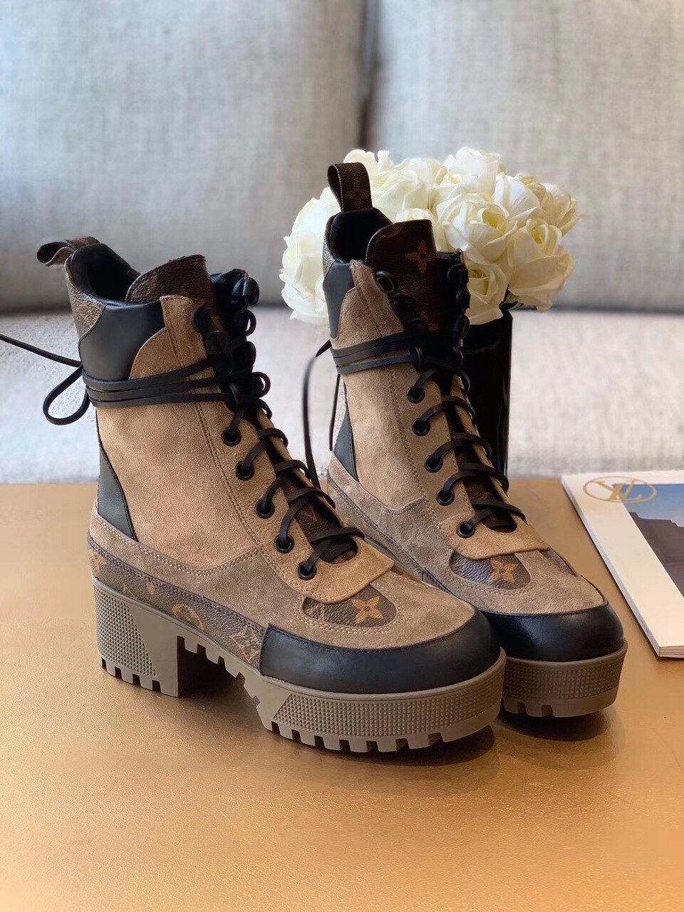 Louis Vuitton Laureate Desert Boot Patent Monogram Material Brown For Women LV 1A4XYE - Soul Replicas