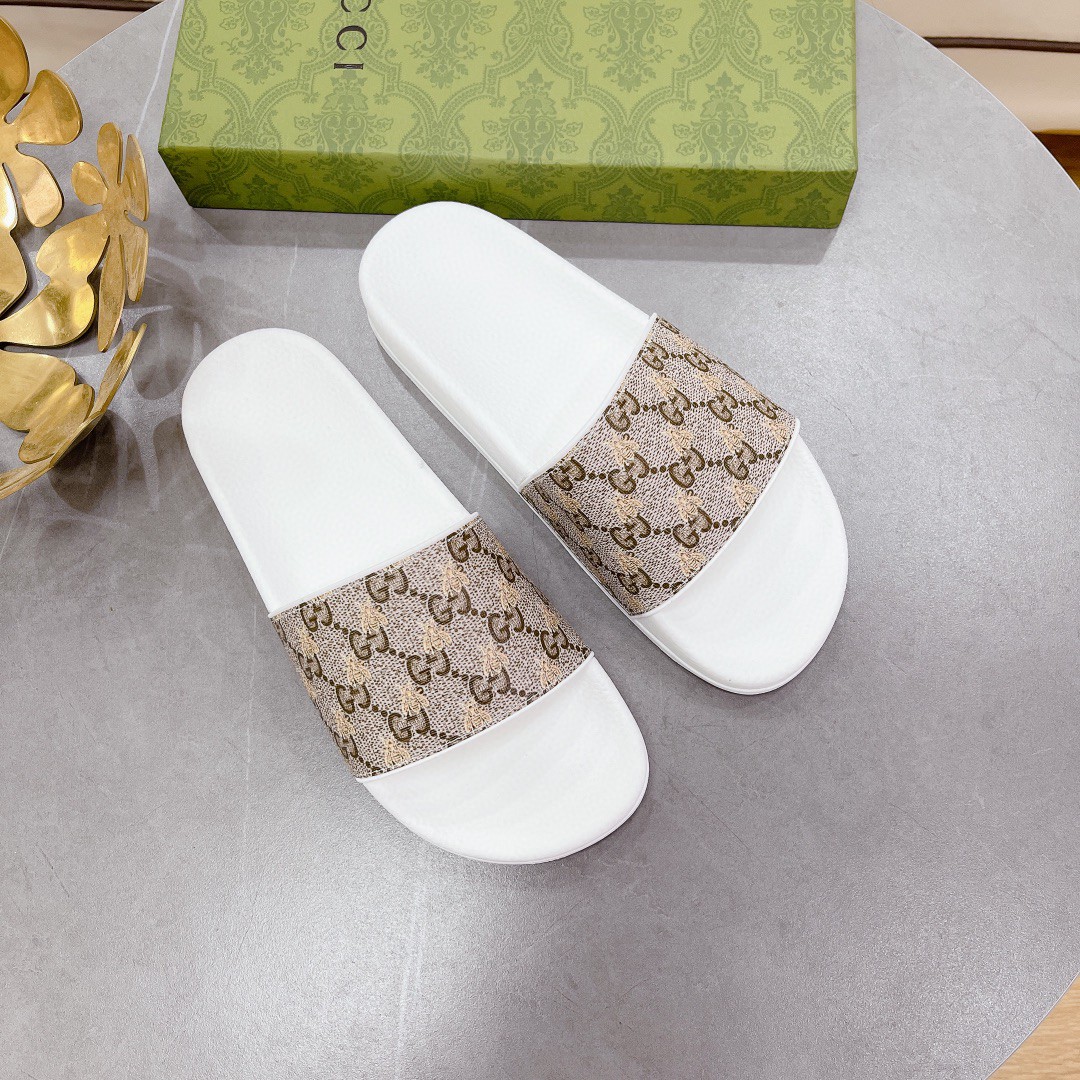 Gucci Women's Gucci Slide Sandal With Bees White And Brown For Women 407345 - Soul Replicas