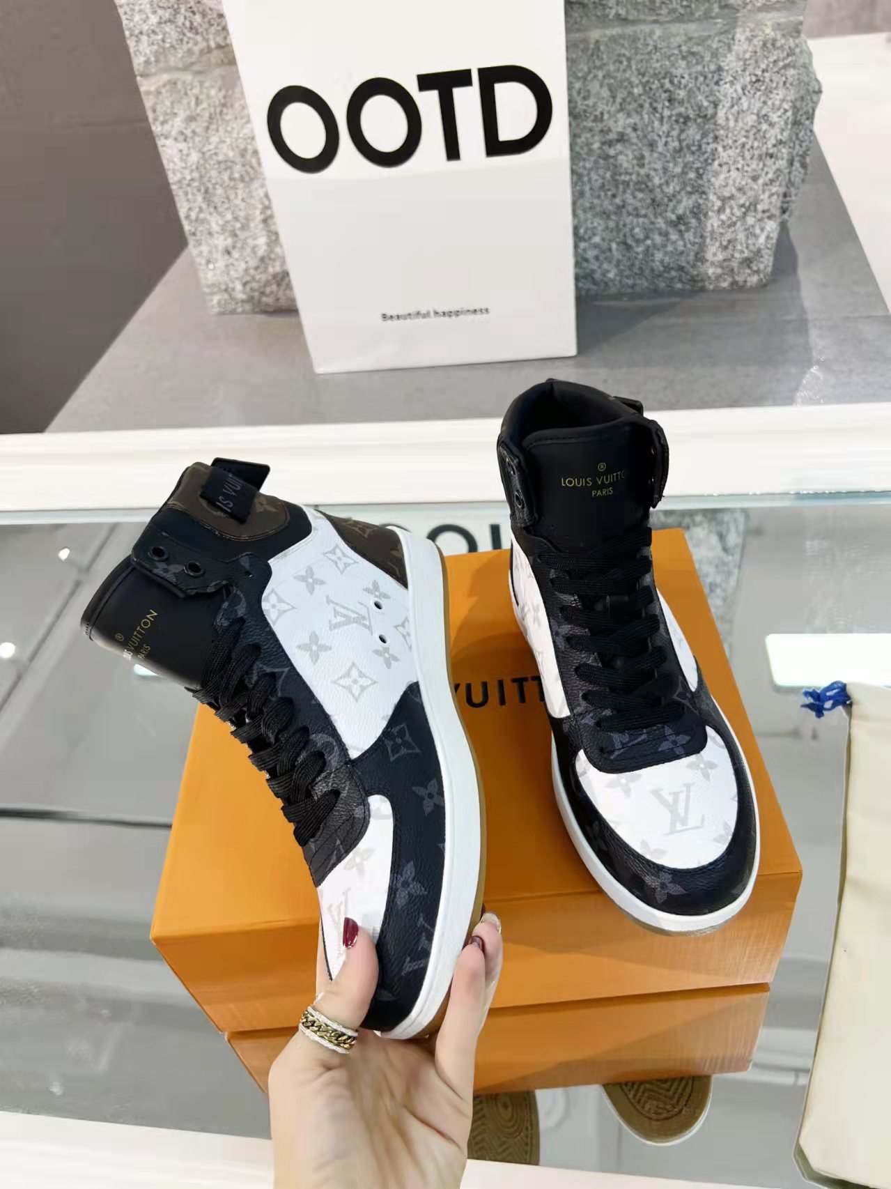 Louis Vuitton Boombox Sneaker Boot Patent Monogram Material Black/White For Women LV - Soul Replicas