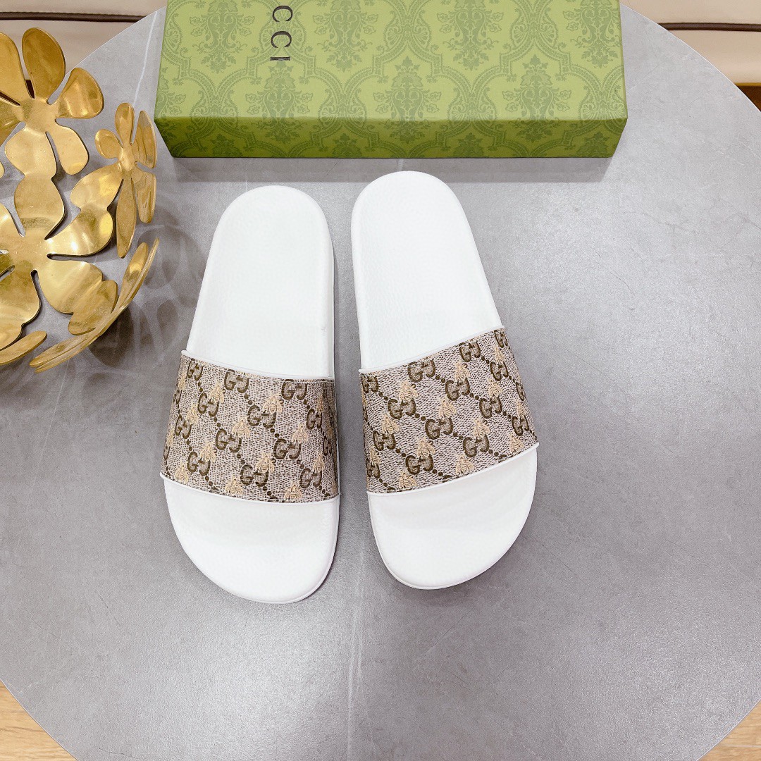 Gucci Women's Gucci Slide Sandal With Bees White And Brown For Women 407345 - Soul Replicas