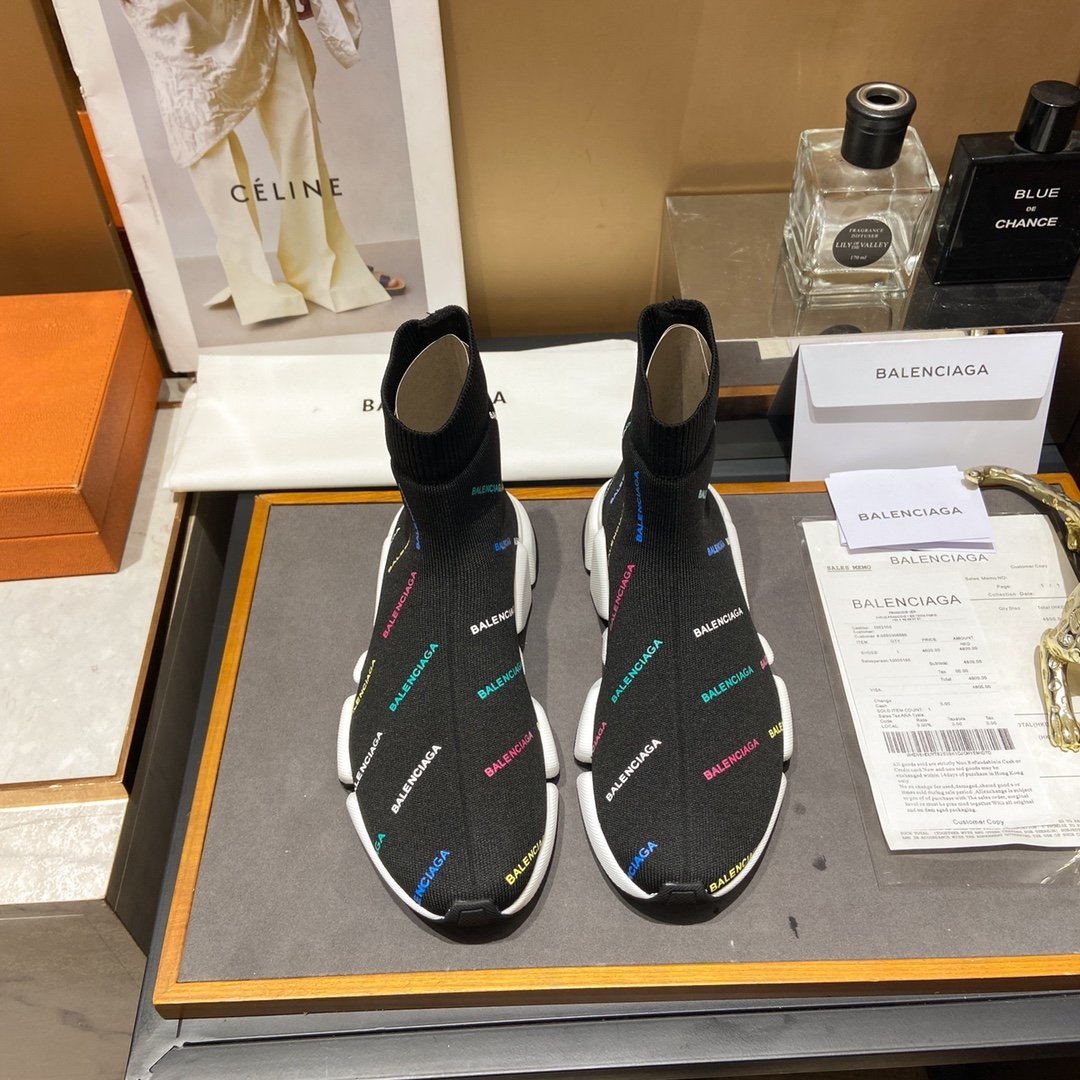 Balenciaga Speed 2.0 Allover Logo Recycled Knit Trainers Black For Women - Soul Replicas