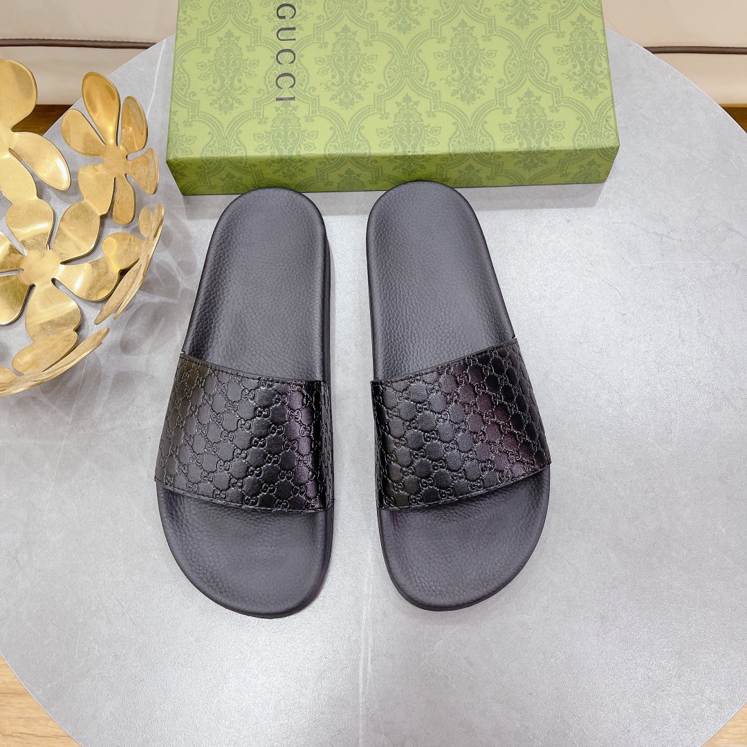 Gucci Women's Embossed Gucci Slide Sandal Black For Women 407345 - Soul Replicas