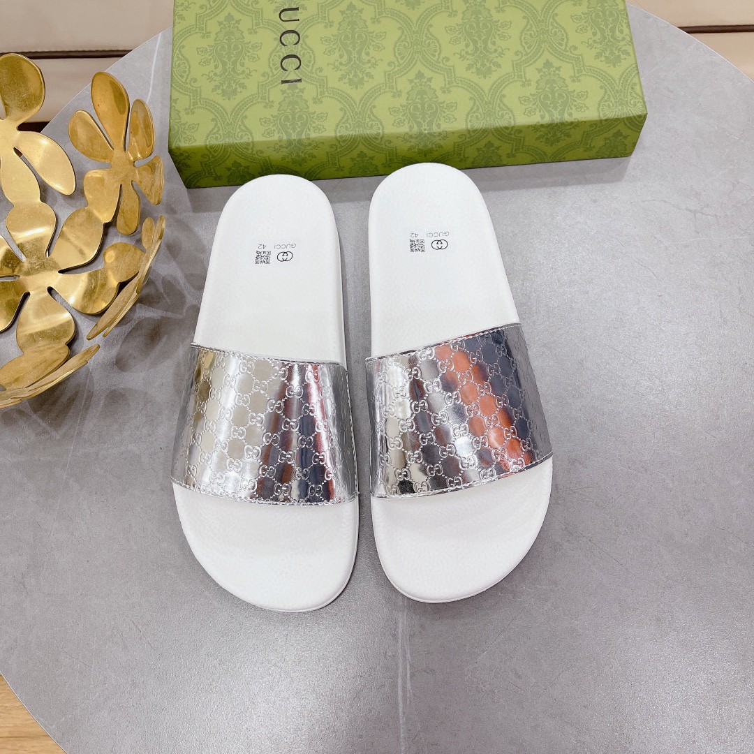 Gucci Women's Gucci Slide Sandal White Silver For Women 407345 - Soul Replicas