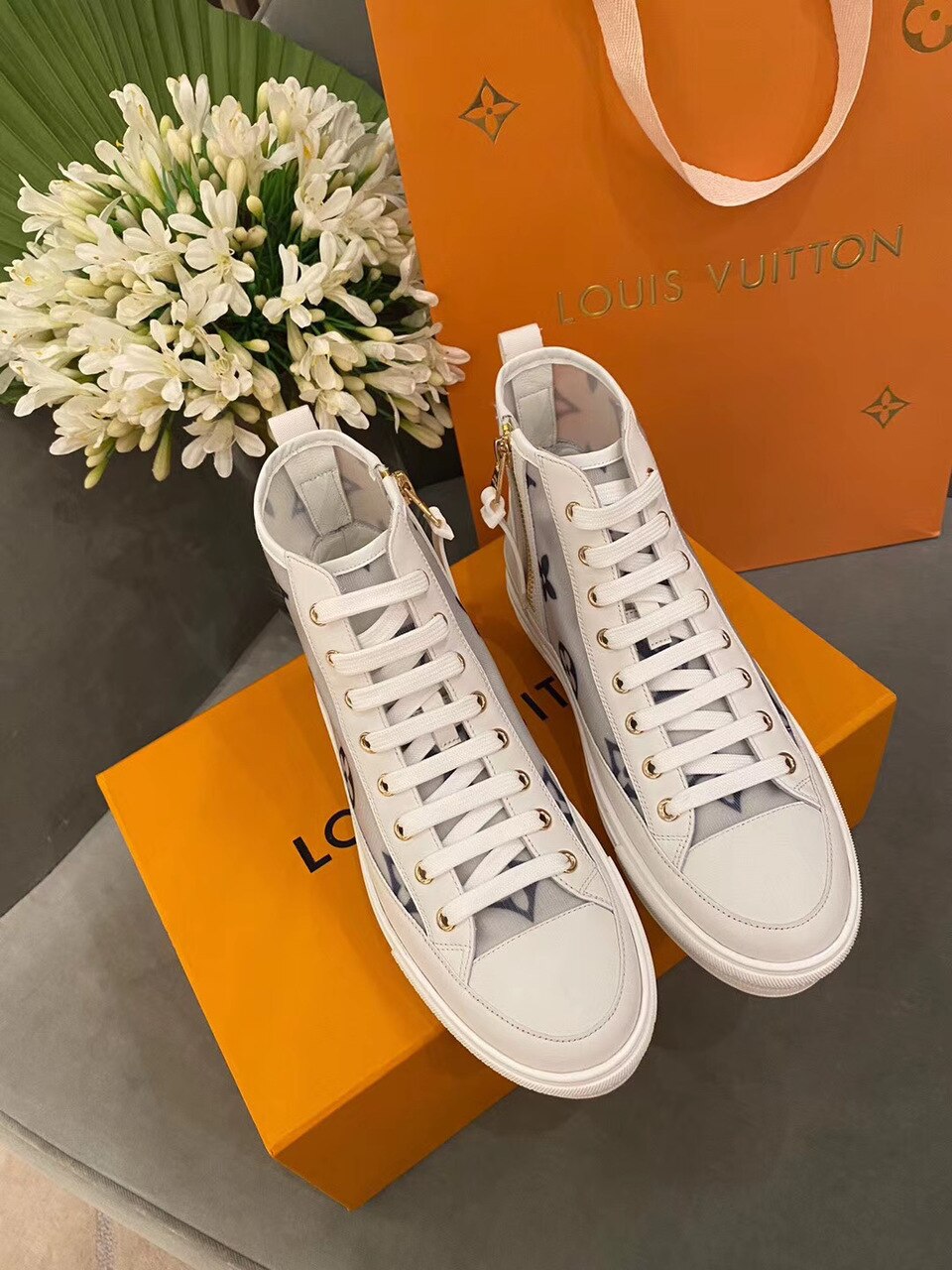 Louis Vuitton Stellar Sneaker Boot Patent Monogram Canvas Blue/White For Women LV - Soul Replicas