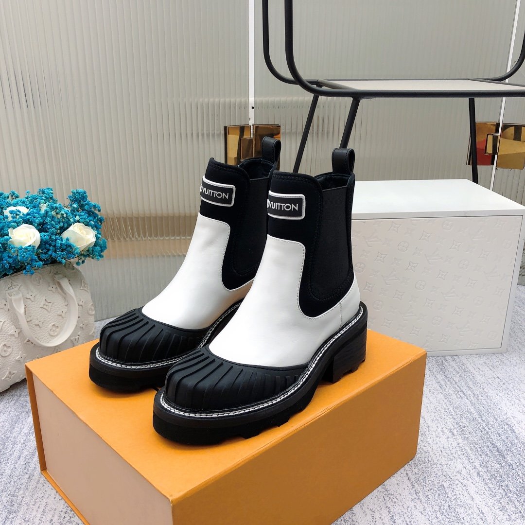 Louis Vuitton LV Beaubourg Ankle Boot Neoprene Black/White For Women LV 1A9GYE - Soul Replicas