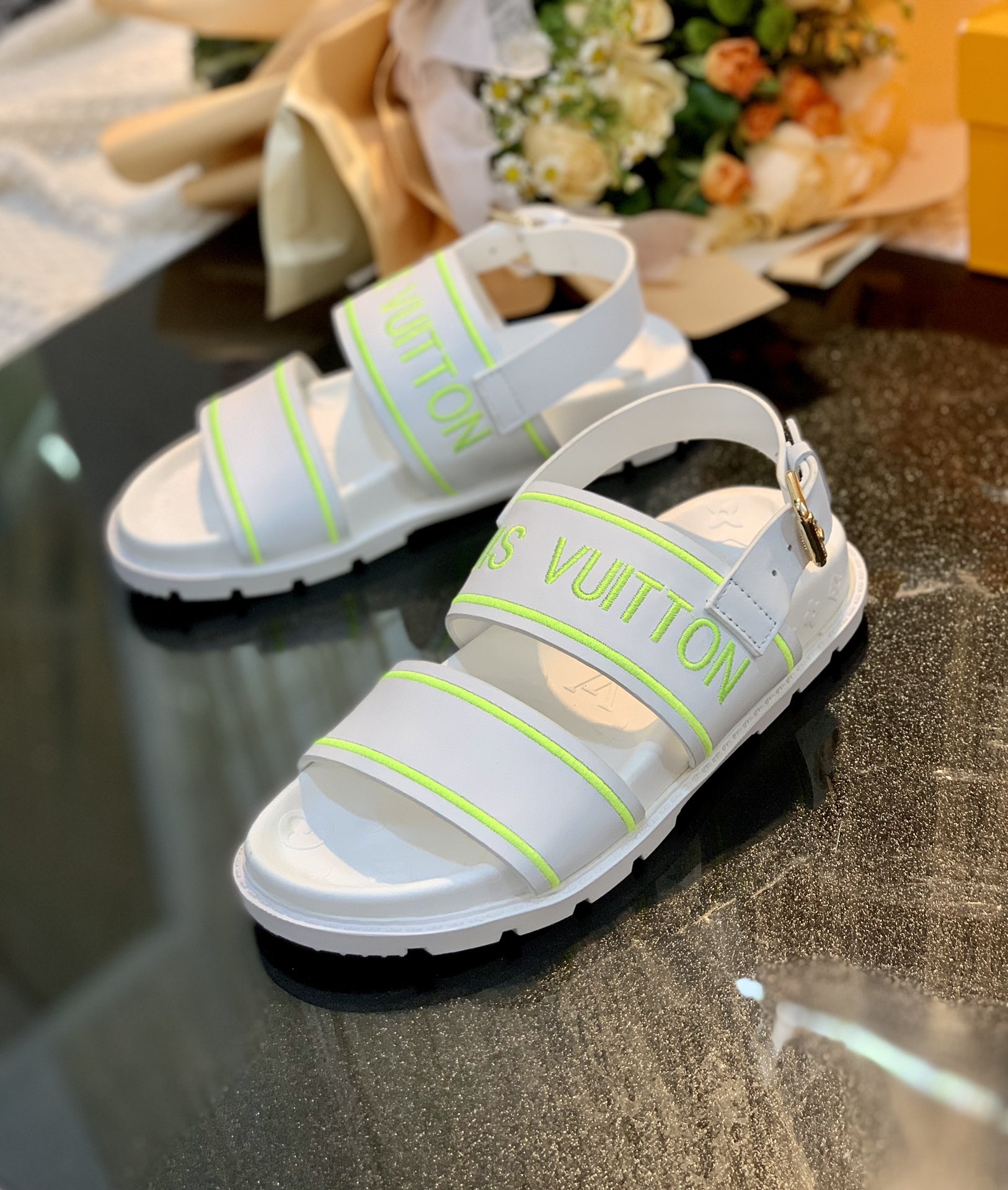 Louis Vuitton Women's Paseo flat Comfort Sandal White And Neon For Women LV - Soul Replicas