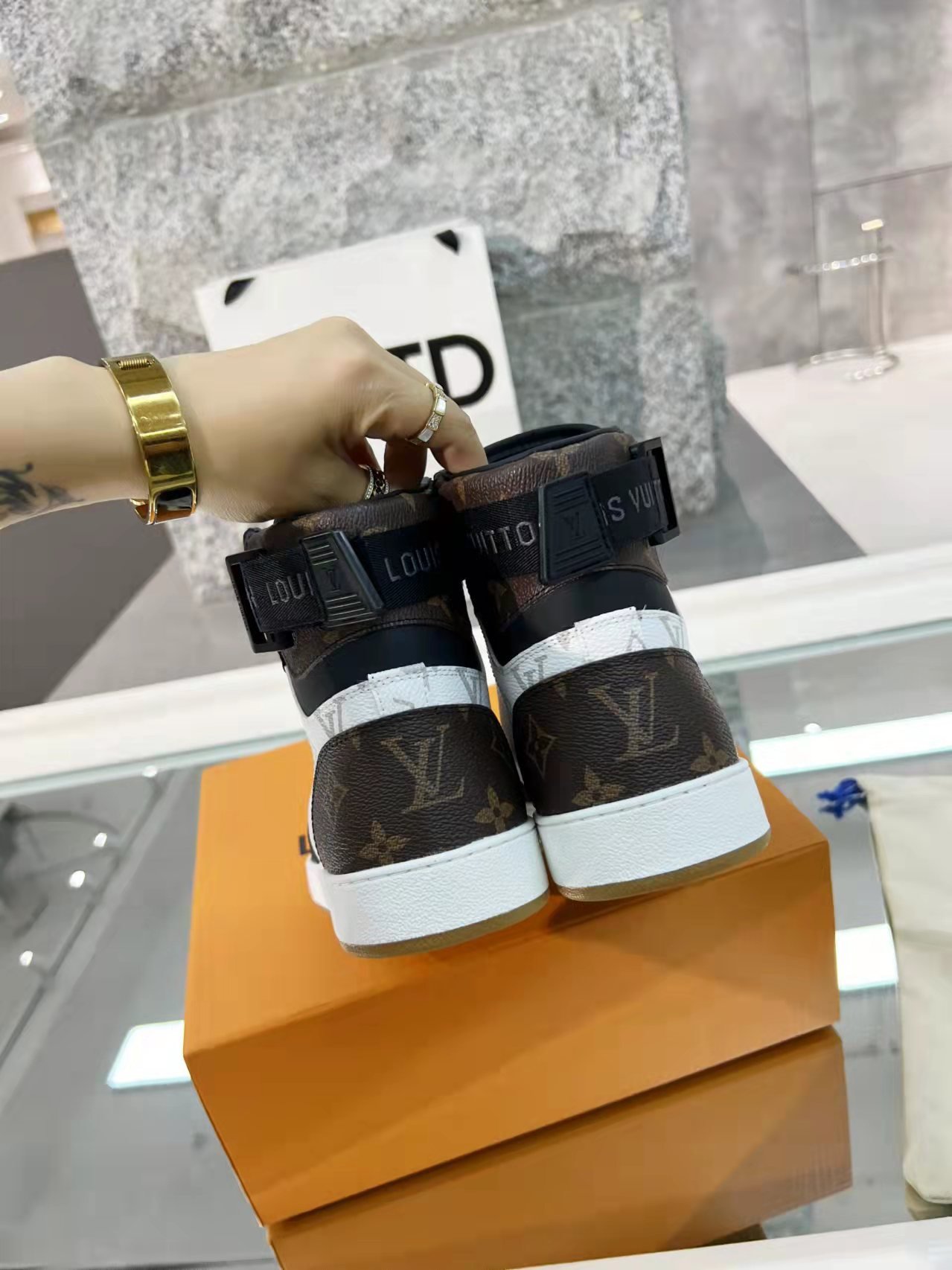 Louis Vuitton Boombox Sneaker Boot Patent Monogram Material Black/White For Women LV - Soul Replicas