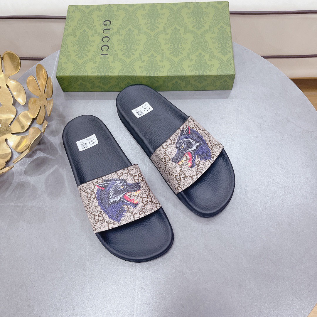 Gucci Women's Gucci Supreme Slides With Wolf Black And Gray For Women 408508 - Soul Replicas