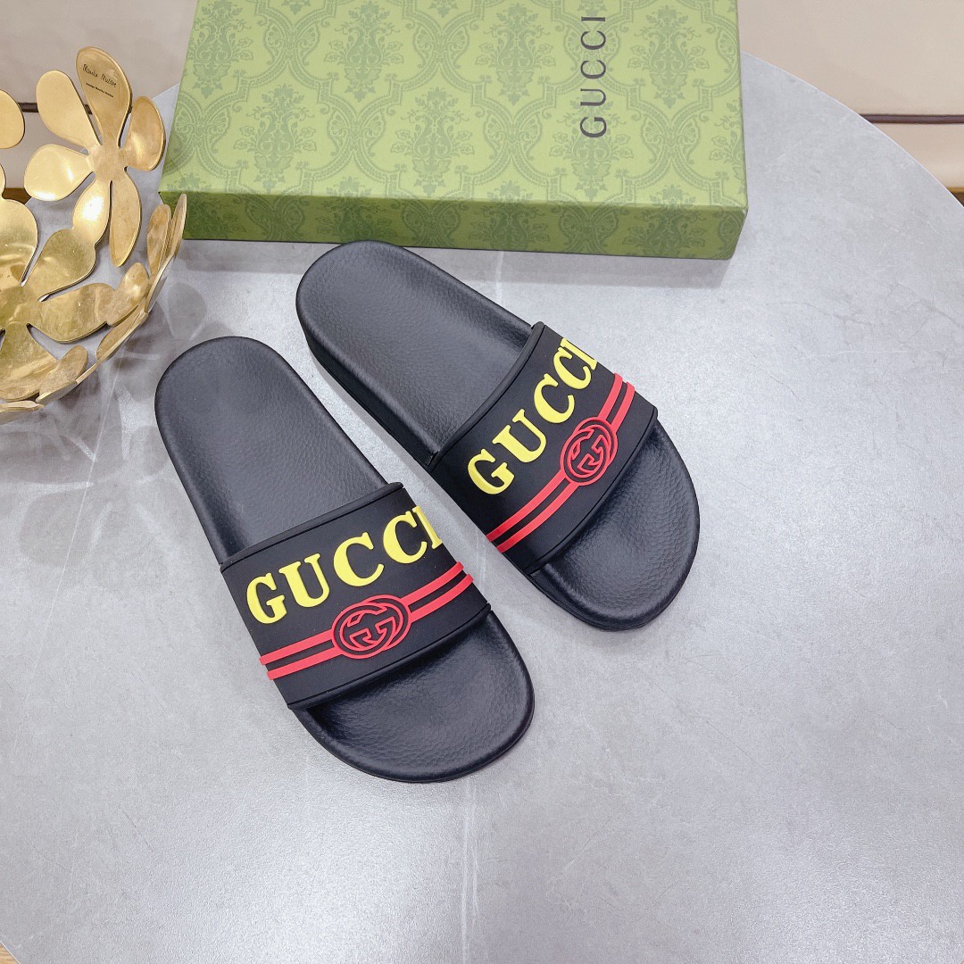 Gucci Women's Logo Rubber Slide Black Red And Yellow For Women 522887 - Soul Replicas