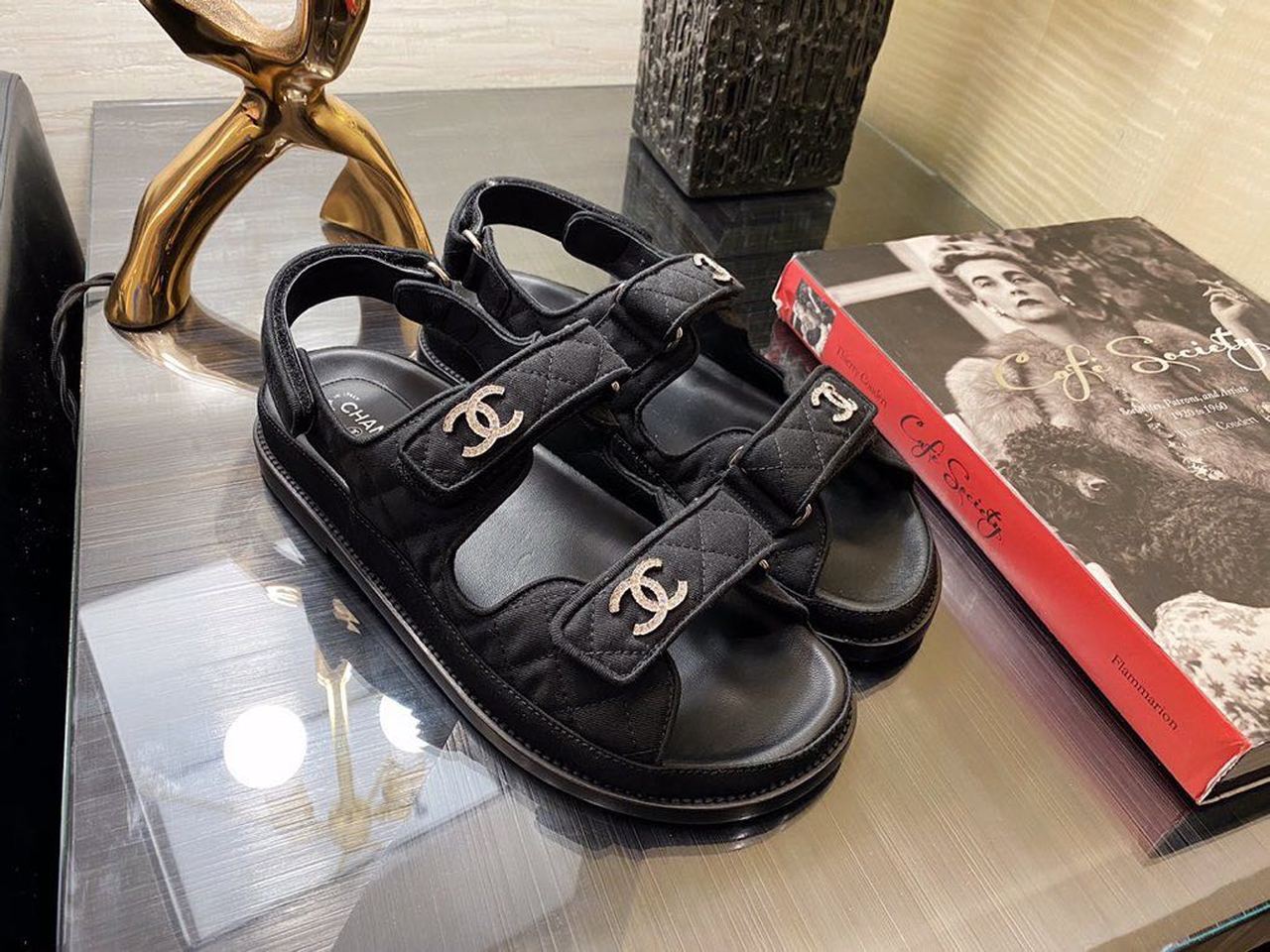 Chanel Jeweled Chanel Logo Jersey Velcro Sandals Lambskin Leather Spring/Summer 2020 Collection. Black - Soul Replicas