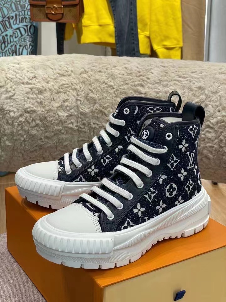 Louis Vuitton Squad Sneaker Boots Monogram Denim Black For Women LV - Soul Replicas