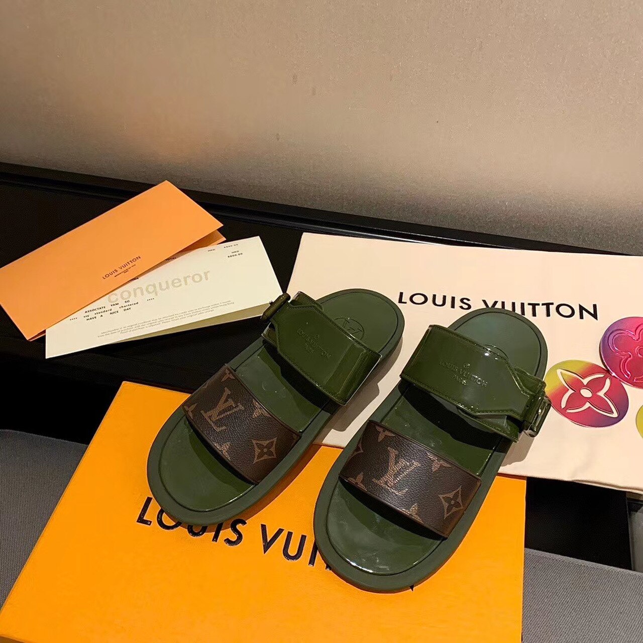 Louis Vuitton Sunbath Flat Mule Shiny Rubber Kaki For Women LV - Soul Replicas