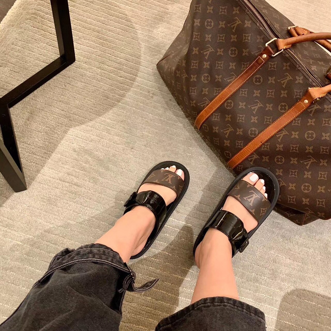 Louis Vuitton Sunbath Flat Mule Shiny Rubber Black For Women LV - Soul Replicas