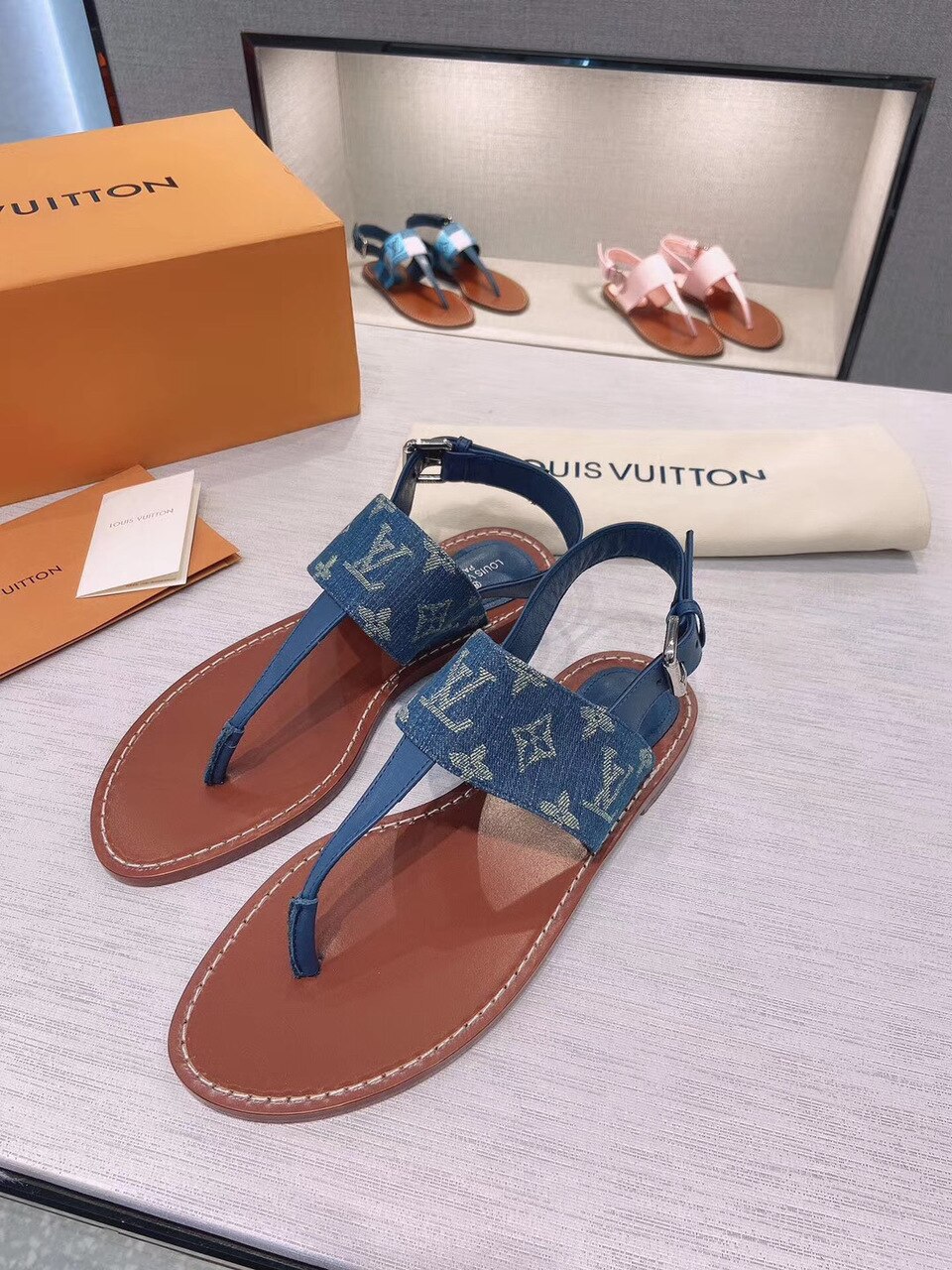 Louis Vuitton Starboard Flat Thong Sandal Monogram Denim Blue For Women LV 1A7RDP - Soul Replicas