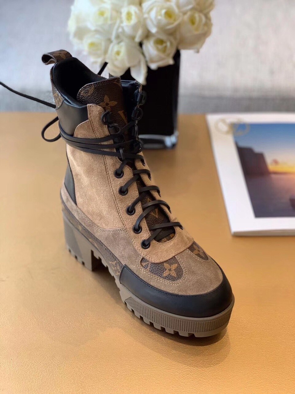 Louis Vuitton Laureate Desert Boot Patent Monogram Material Brown For Women LV 1A4XYE - Soul Replicas